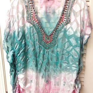 Pastel Silky Patch Beaded Boho Tribal Blouse M